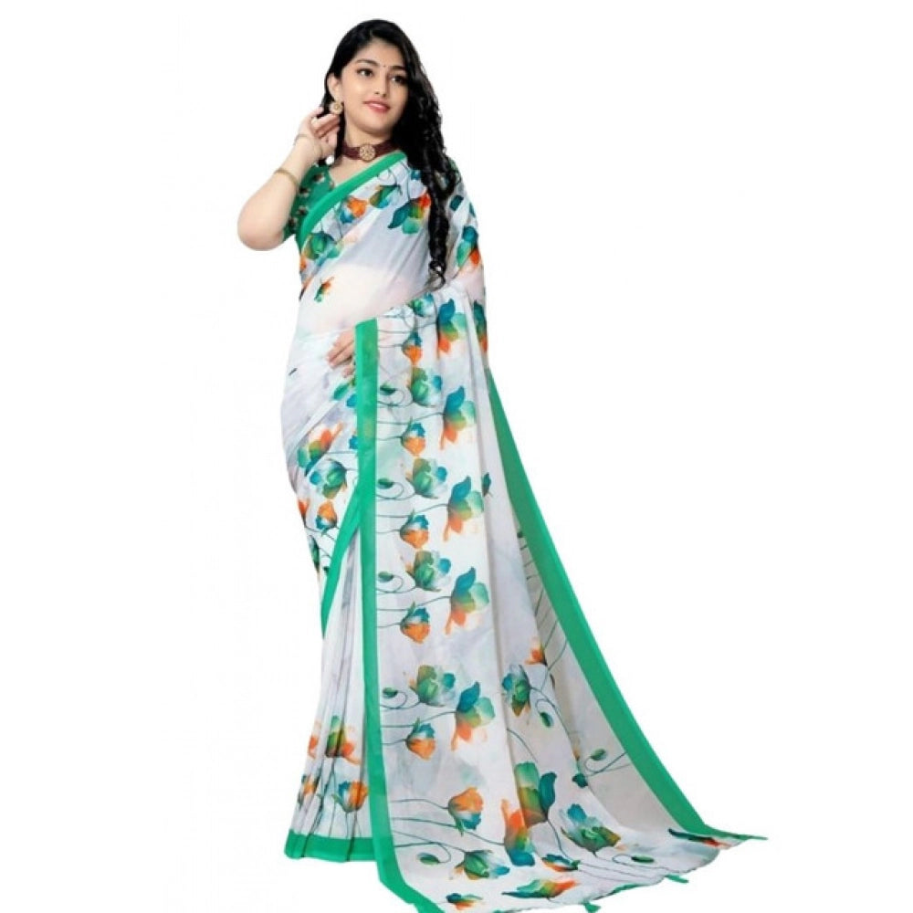 Women's Georgette Floral Printed Saree With Unstitched Blouse 5.5Mtr (Green) - VANSHELLE