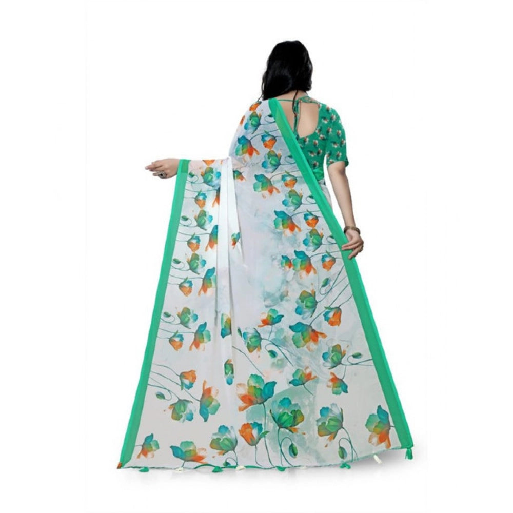 Women's Georgette Floral Printed Saree With Unstitched Blouse 5.5Mtr (Green) - VANSHELLE