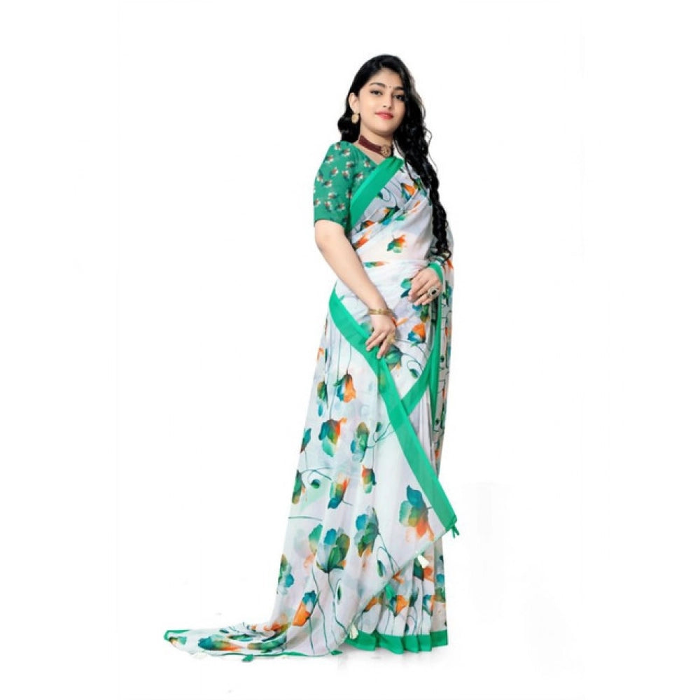 Women's Georgette Floral Printed Saree With Unstitched Blouse 5.5Mtr (Green) - VANSHELLE