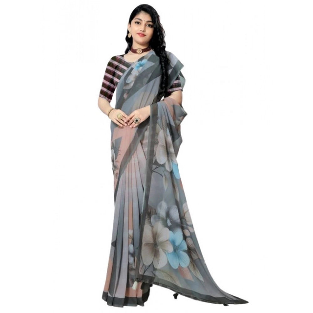 Women's Georgette Floral Printed Saree With Unstitched Blouse 5.5Mtr (Grey) - VANSHELLE