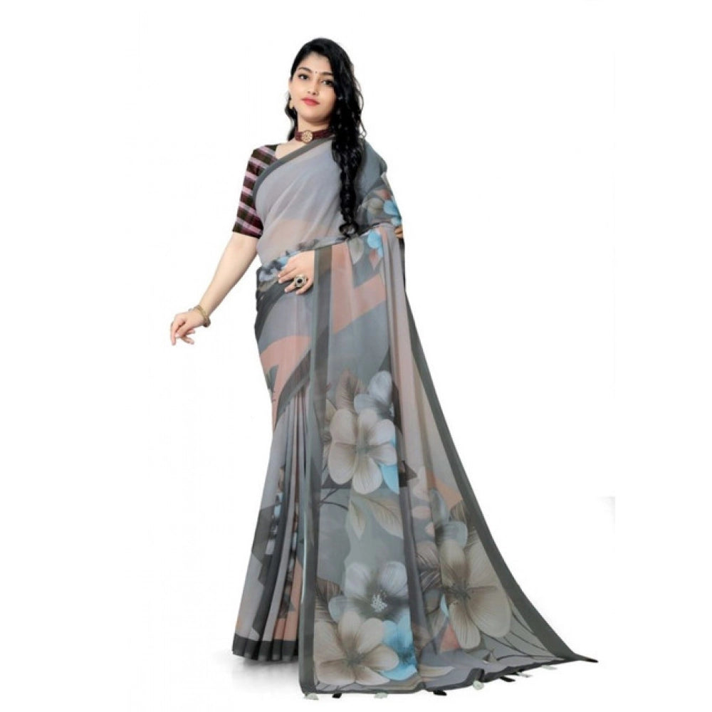 Women's Georgette Floral Printed Saree With Unstitched Blouse 5.5Mtr (Grey) - VANSHELLE