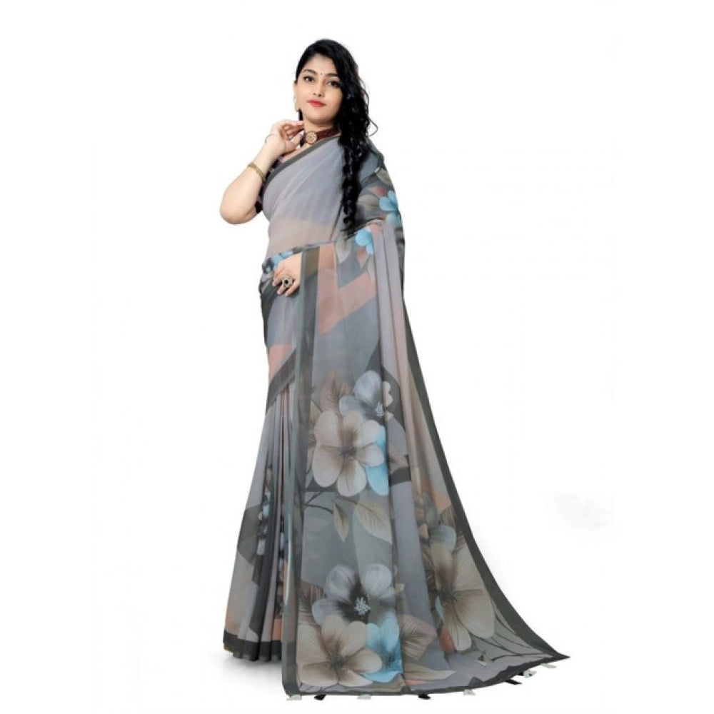 Women's Georgette Floral Printed Saree With Unstitched Blouse 5.5Mtr (Grey) - VANSHELLE
