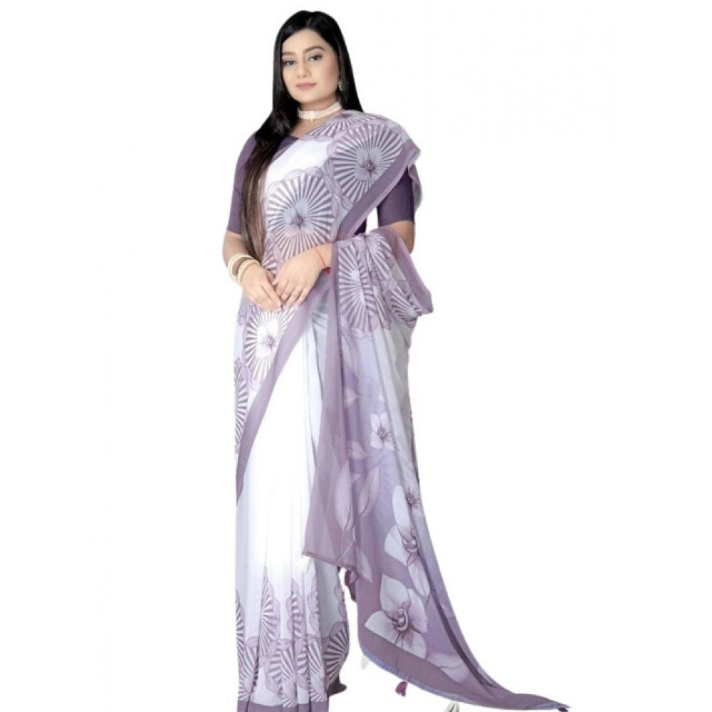 Women's Georgette Floral Printed Saree With Unstitched Blouse 5.5Mtr (Lavender) - VANSHELLE
