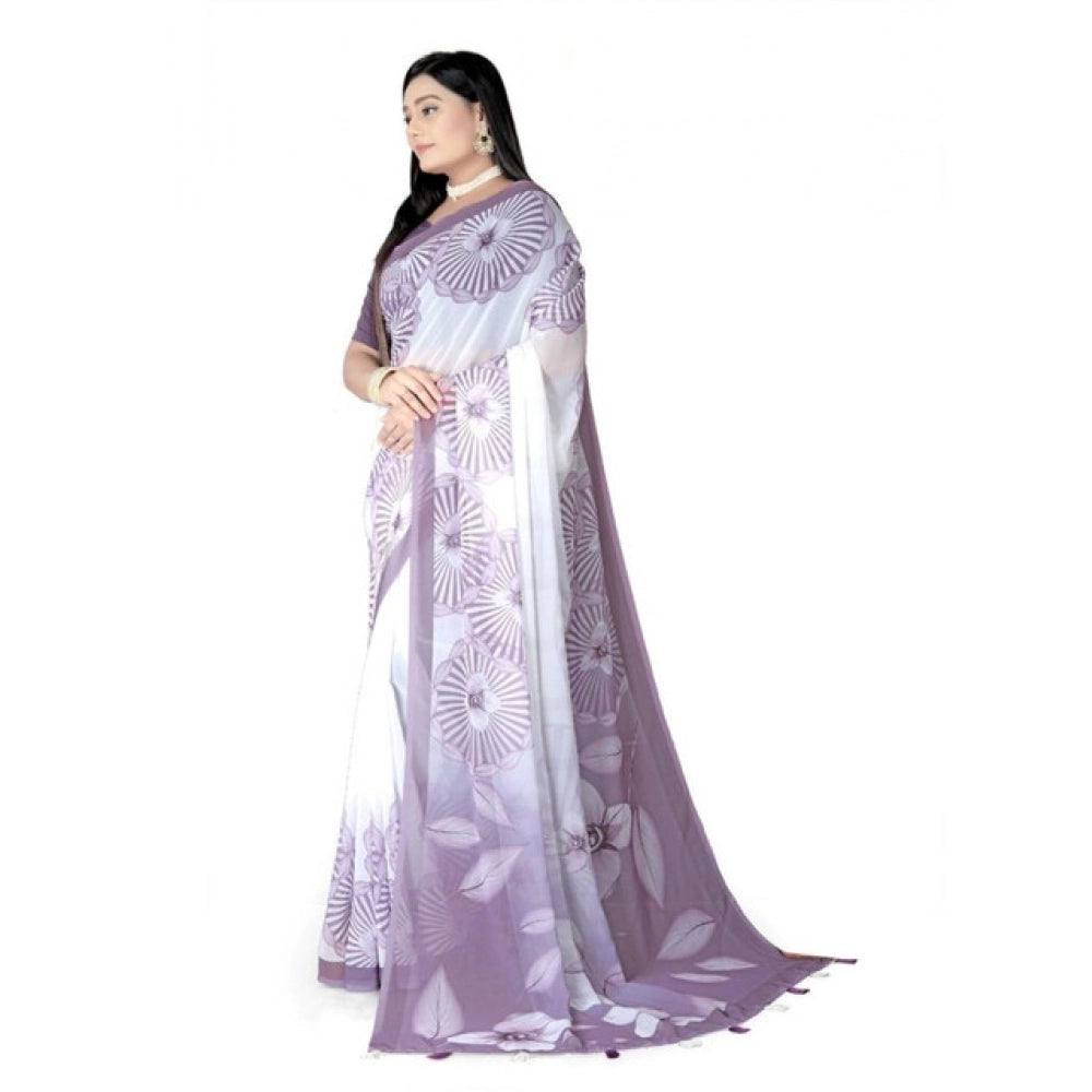 Women's Georgette Floral Printed Saree With Unstitched Blouse 5.5Mtr (Lavender) - VANSHELLE