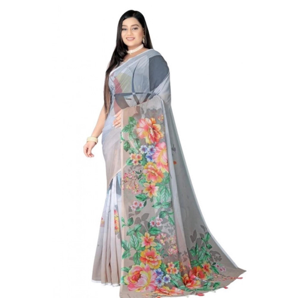 Women's Georgette Floral Printed Saree With Unstitched Blouse 5.5Mtr (Grey) by Vanshelle
