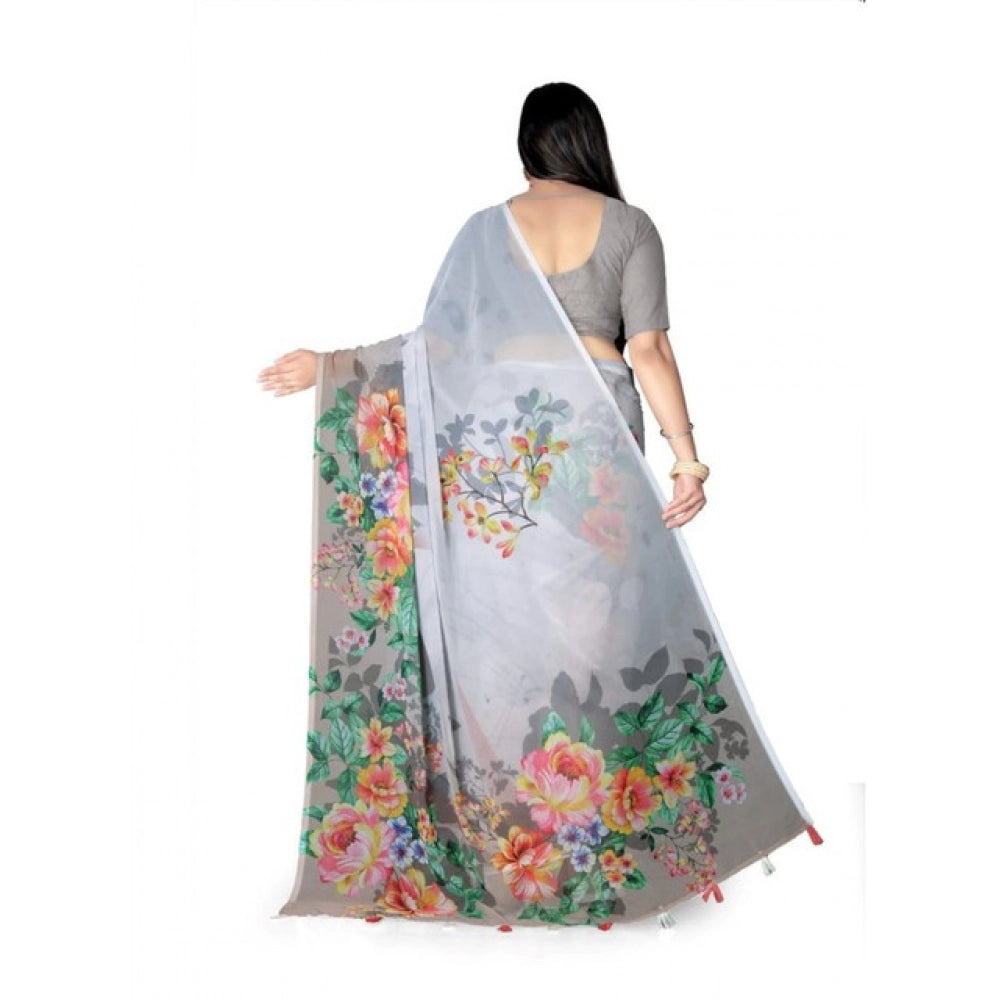 Women's Georgette Floral Printed Saree With Unstitched Blouse 5.5Mtr (Grey) - VANSHELLE