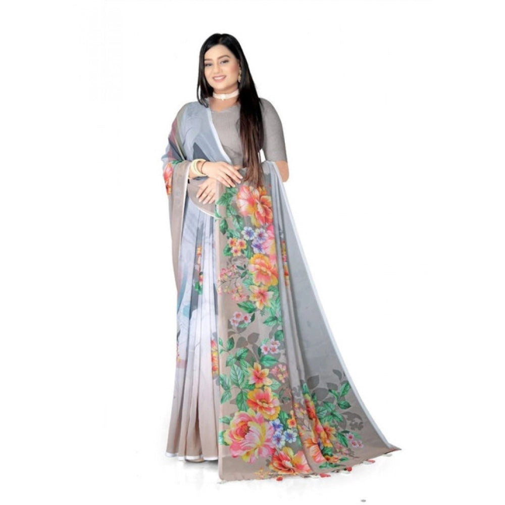 Women's Georgette Floral Printed Saree With Unstitched Blouse 5.5Mtr (Grey) - VANSHELLE