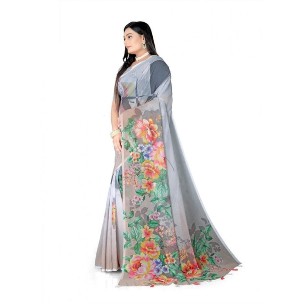 Women's Georgette Floral Printed Saree With Unstitched Blouse 5.5Mtr (Grey) - VANSHELLE
