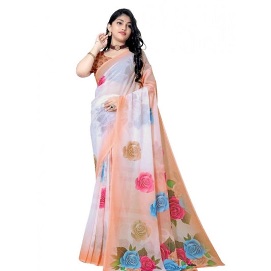 Women's Georgette Floral Printed Saree With Unstitched Blouse 5.5Mtr (Orange) - VANSHELLE