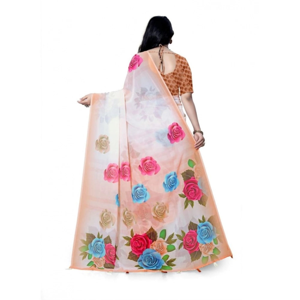Women's Georgette Floral Printed Saree With Unstitched Blouse 5.5Mtr (Orange) - VANSHELLE