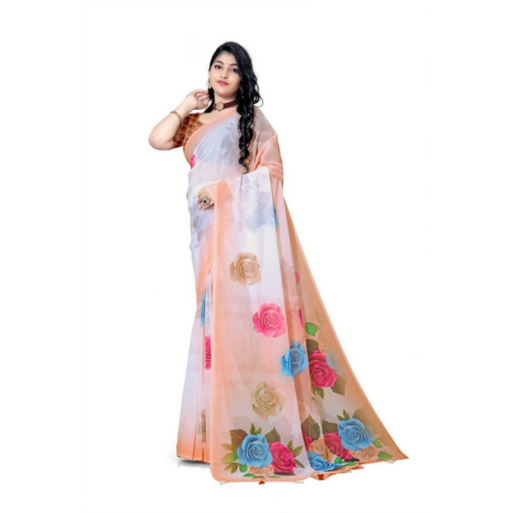 Women's Georgette Floral Printed Saree With Unstitched Blouse 5.5Mtr (Orange) - VANSHELLE
