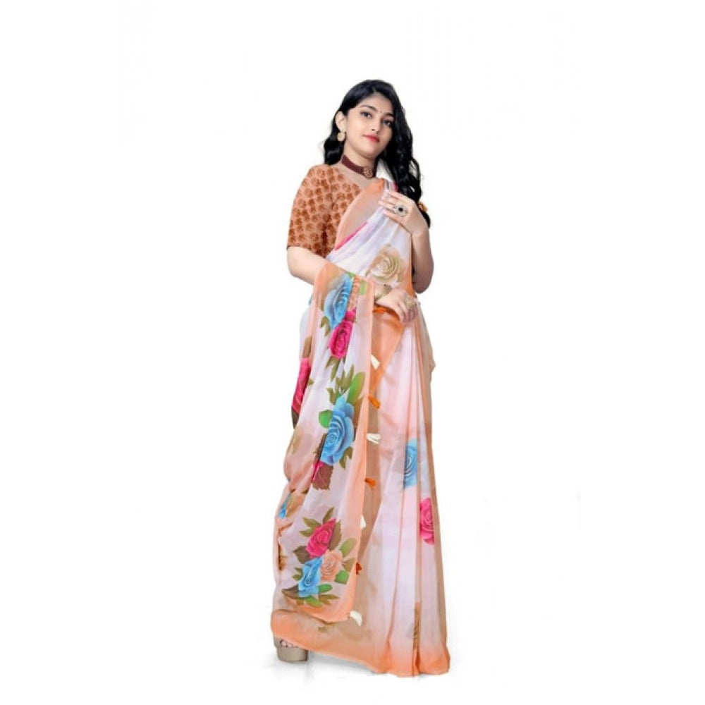 Women's Georgette Floral Printed Saree With Unstitched Blouse 5.5Mtr (Orange) - VANSHELLE