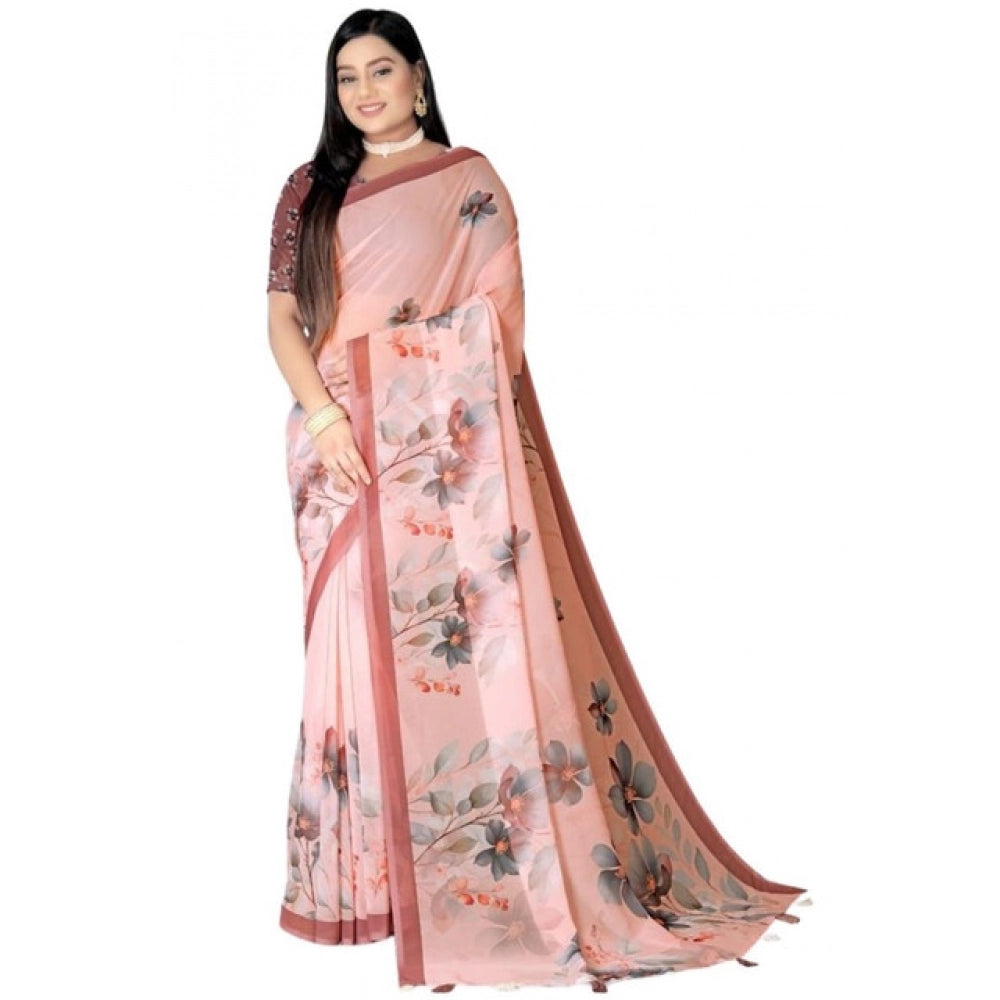 Women's Georgette Floral Printed Saree With Unstitched Blouse 5.5Mtr (Peach) - VANSHELLE