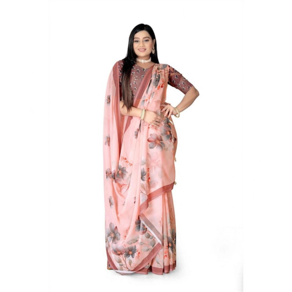 Women's Georgette Floral Printed Saree With Unstitched Blouse 5.5Mtr (Peach) - VANSHELLE