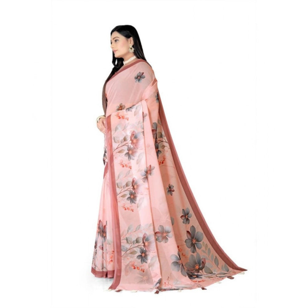 Women's Georgette Floral Printed Saree With Unstitched Blouse 5.5Mtr (Peach) - VANSHELLE