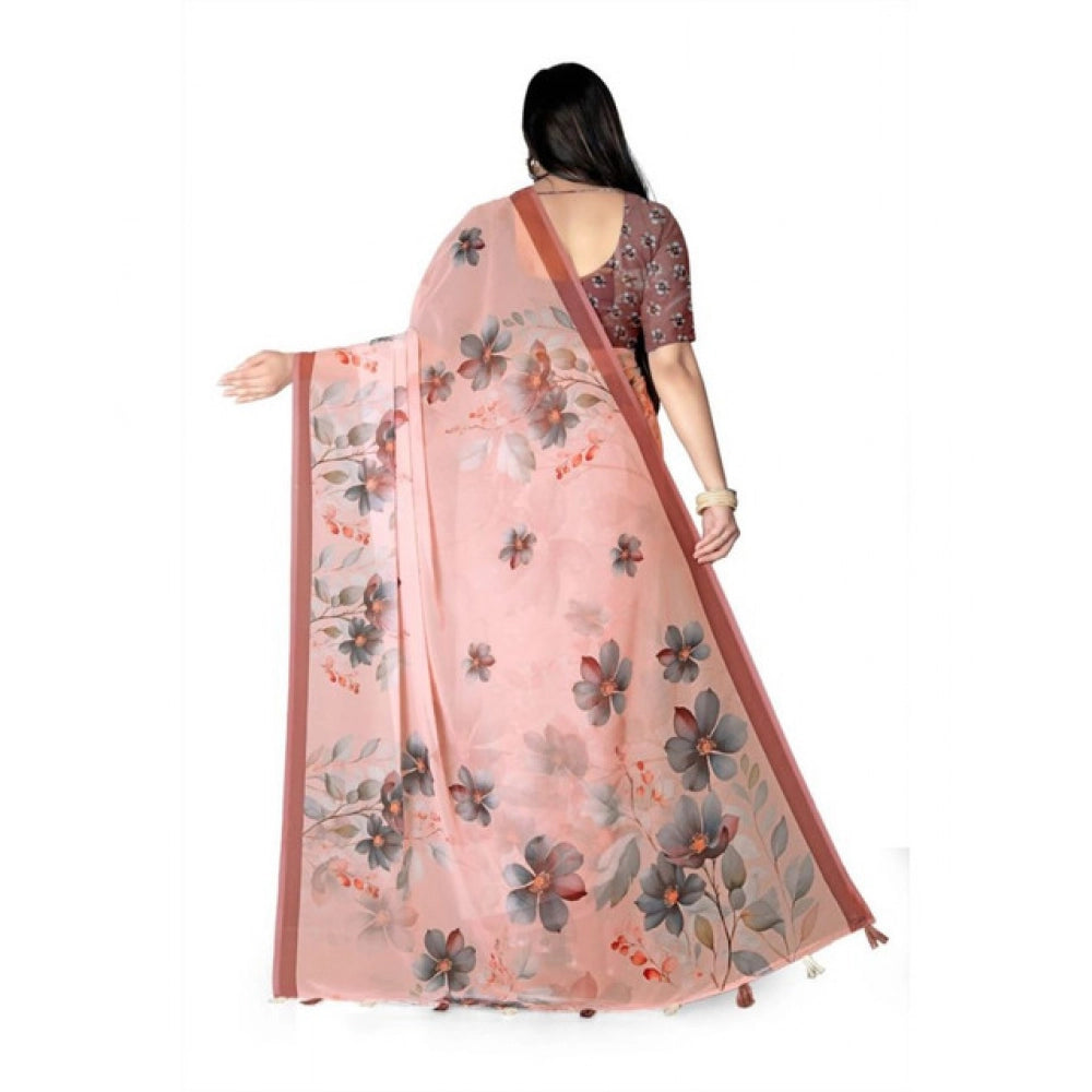 Women's Georgette Floral Printed Saree With Unstitched Blouse 5.5Mtr (Peach) - VANSHELLE