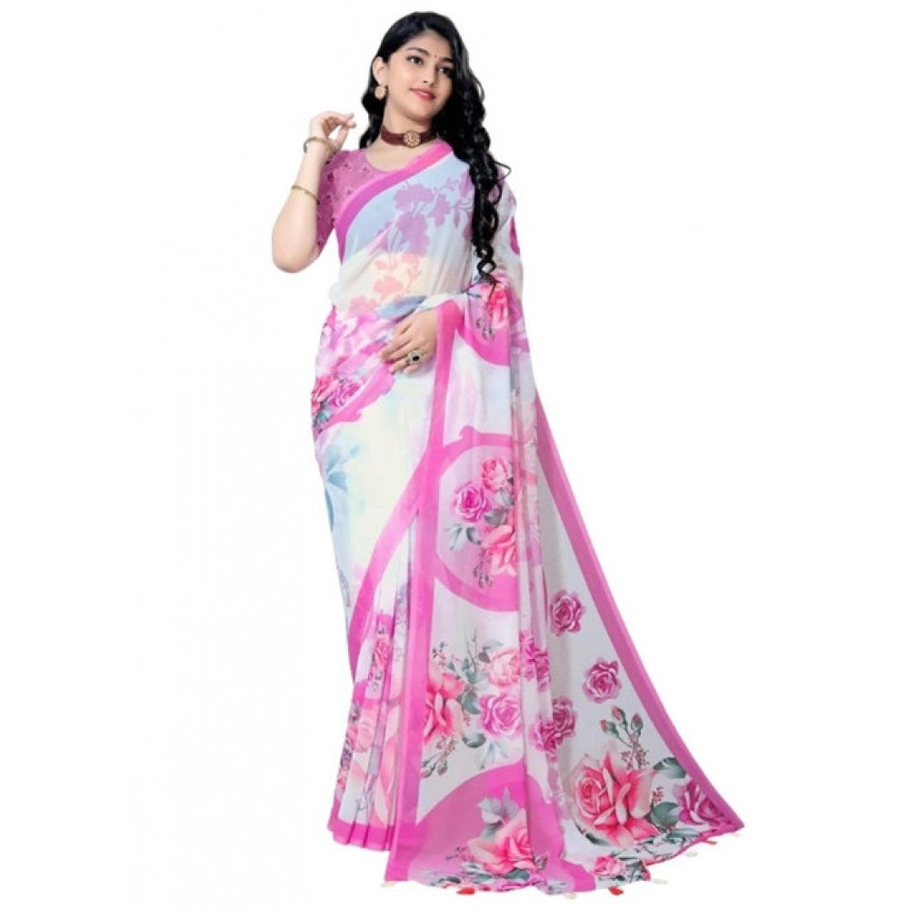 Women's Georgette Floral Printed Saree With Unstitched Blouse 5.5Mtr (Pink) - VANSHELLE
