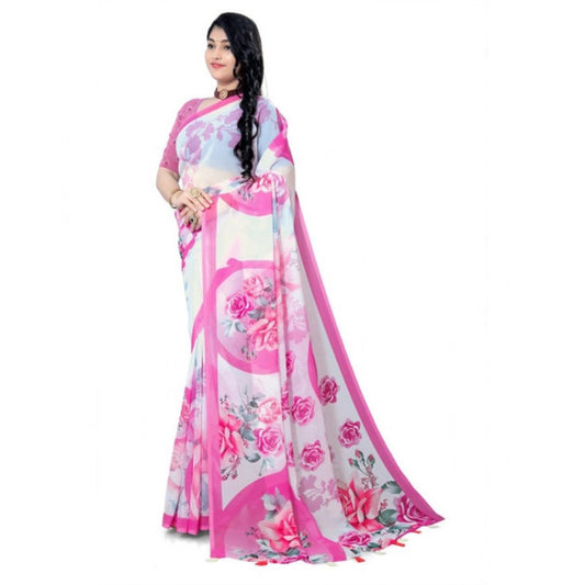 Women's Georgette Floral Printed Saree With Unstitched Blouse 5.5Mtr (Pink) - VANSHELLE