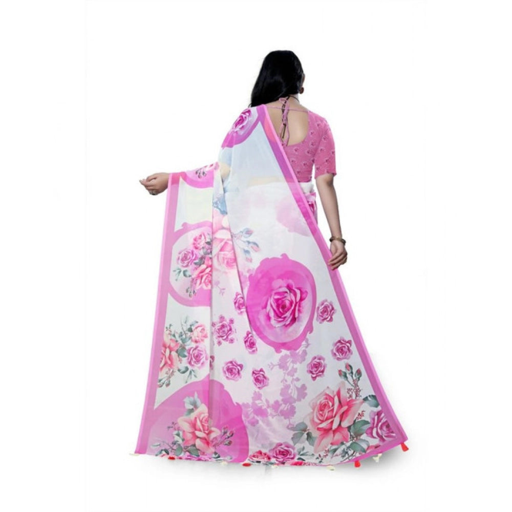Women's Georgette Floral Printed Saree With Unstitched Blouse 5.5Mtr (Pink) - VANSHELLE