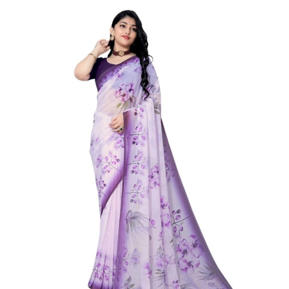 Women's Georgette Floral Printed Saree With Unstitched Blouse 5.5Mtr (Purple) - VANSHELLE