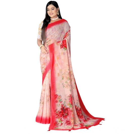 Women's Georgette Floral Printed Saree With Unstitched Blouse 5.5Mtr (Red) - VANSHELLE