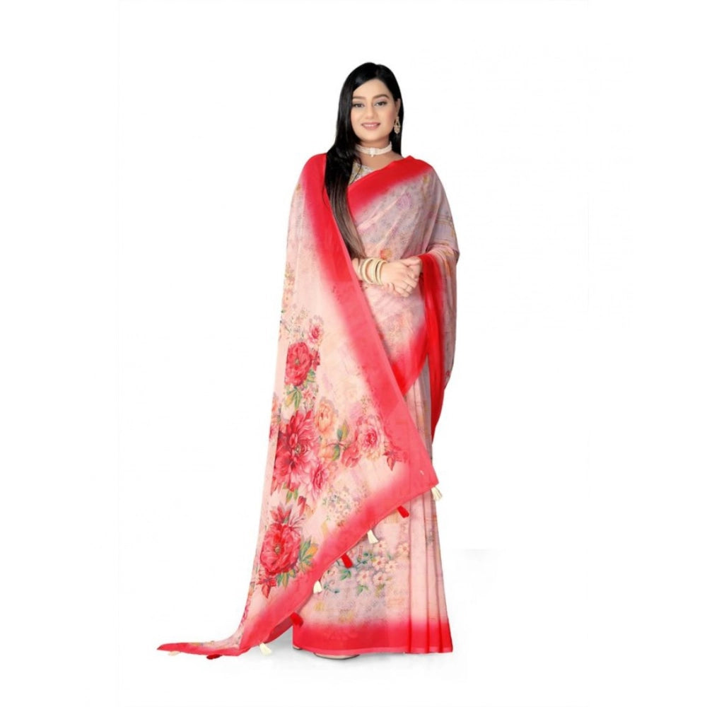 Women's Georgette Floral Printed Saree With Unstitched Blouse 5.5Mtr (Red) - VANSHELLE