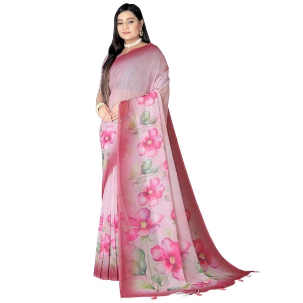 Women's Georgette Floral Printed Saree With Unstitched Blouse 5.5Mtr (Rose Pink) - VANSHELLE