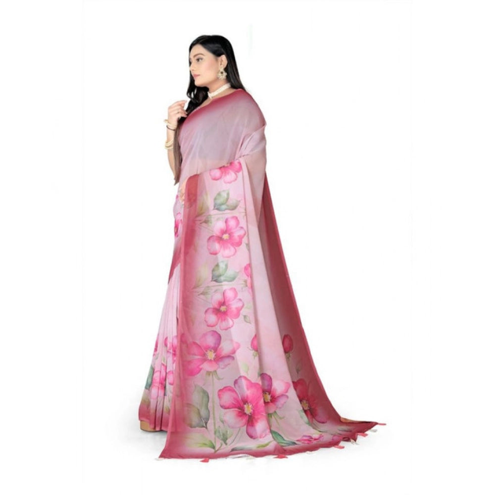 Women's Georgette Floral Printed Saree With Unstitched Blouse 5.5Mtr (Rose Pink) - VANSHELLE