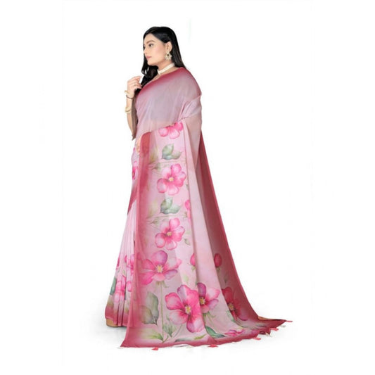 Women's Georgette Floral Printed Saree With Unstitched Blouse 5.5Mtr (Rose Pink) - VANSHELLE