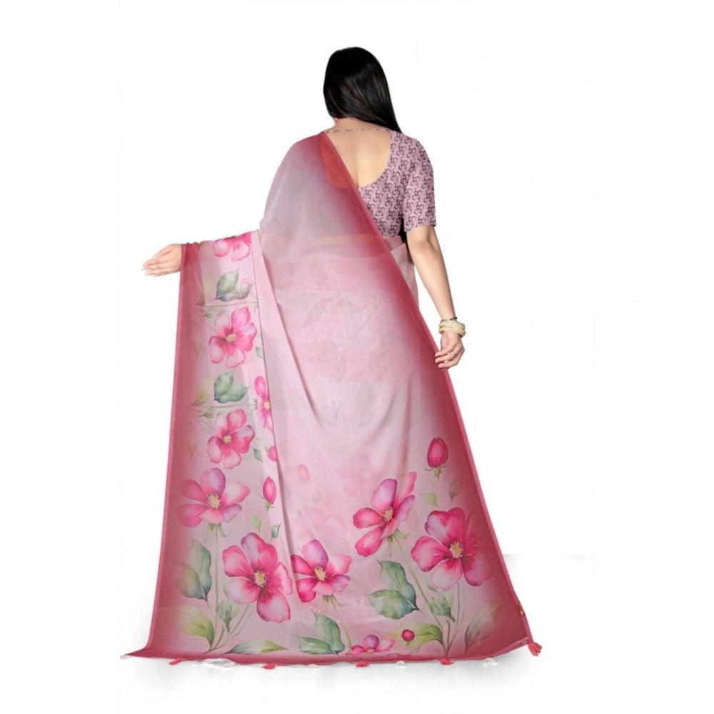 Women's Georgette Floral Printed Saree With Unstitched Blouse 5.5Mtr (Rose Pink) - VANSHELLE