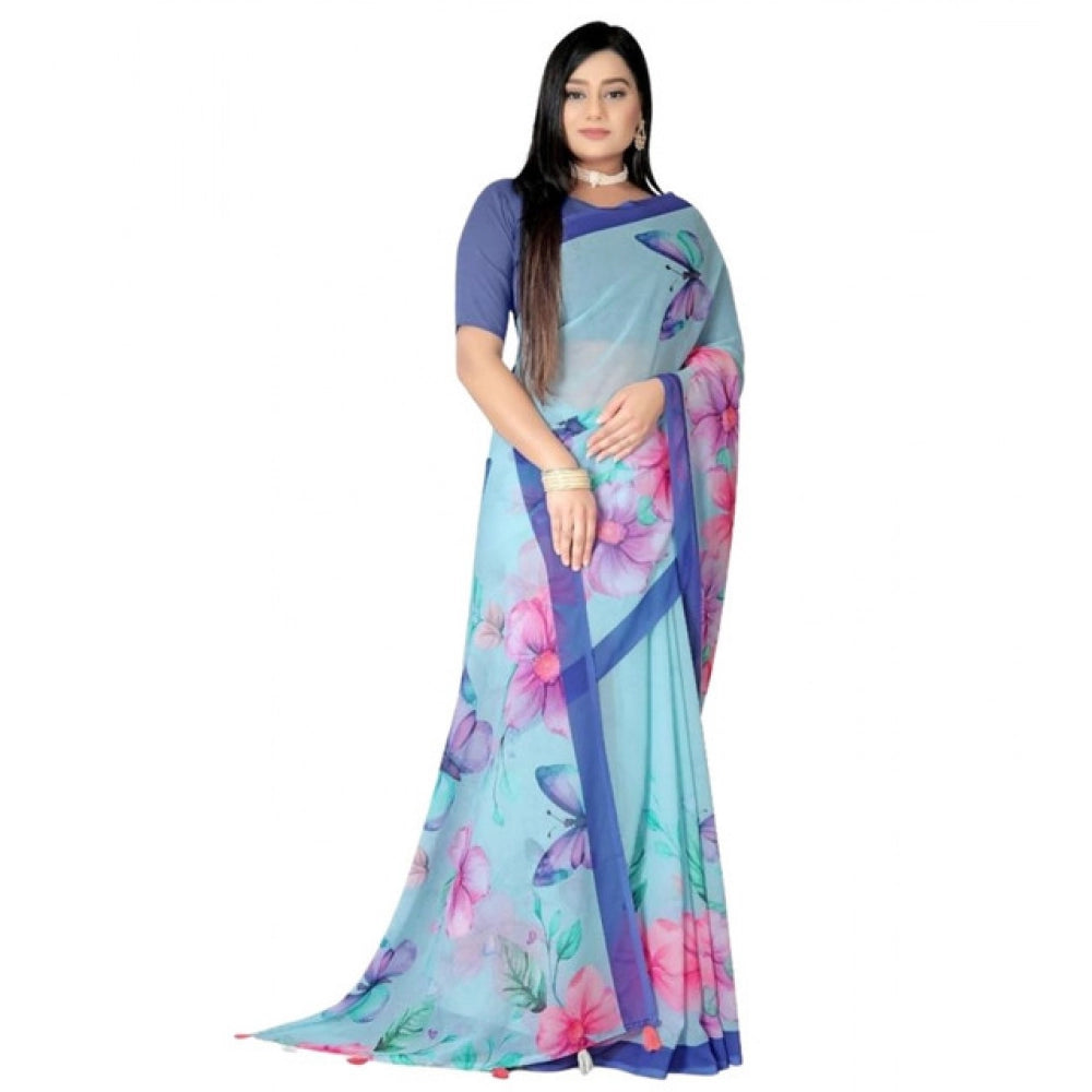 Women's Georgette Floral Printed Saree With Unstitched Blouse 5.5Mtr (Blue) - VANSHELLE