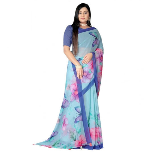 Women's Georgette Floral Printed Saree With Unstitched Blouse 5.5Mtr (Blue) - VANSHELLE