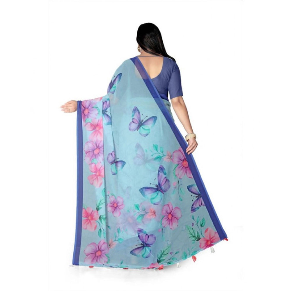 Women's Georgette Floral Printed Saree With Unstitched Blouse 5.5Mtr (Blue) - VANSHELLE