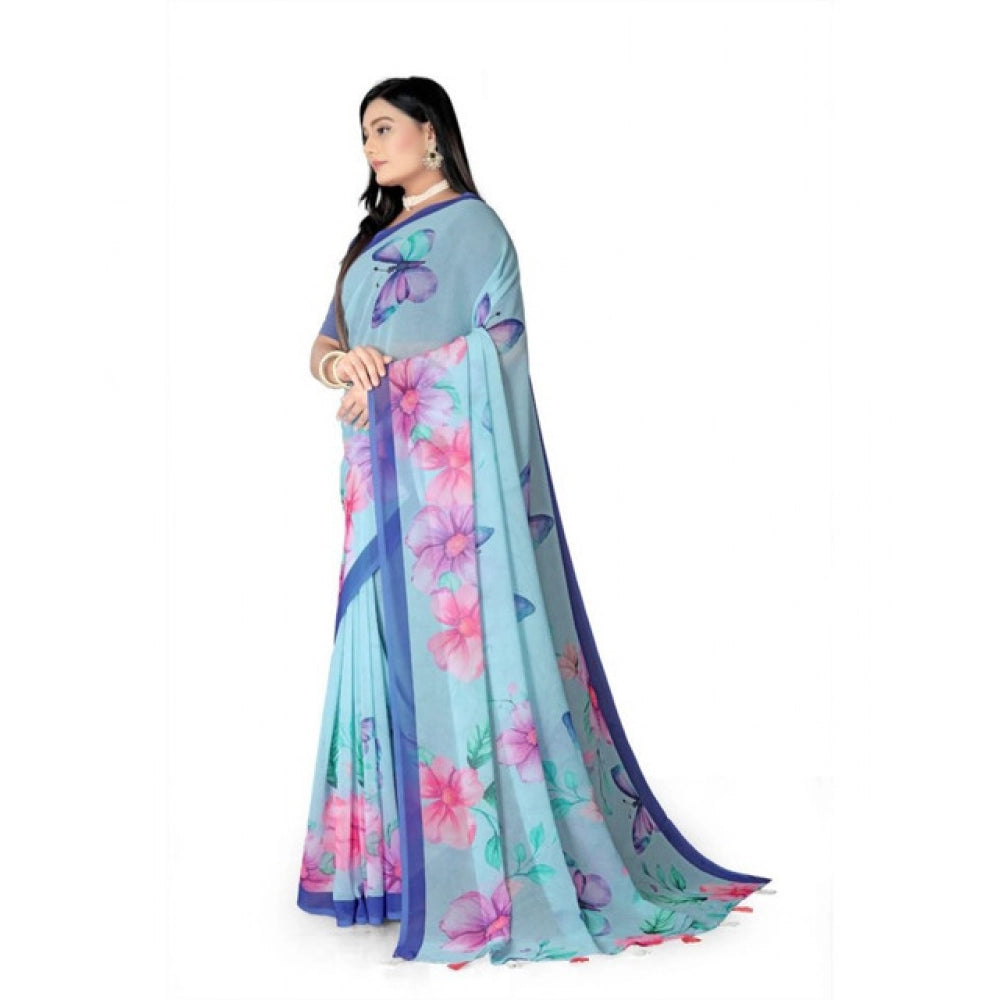Women's Georgette Floral Printed Saree With Unstitched Blouse 5.5Mtr (Blue) - VANSHELLE