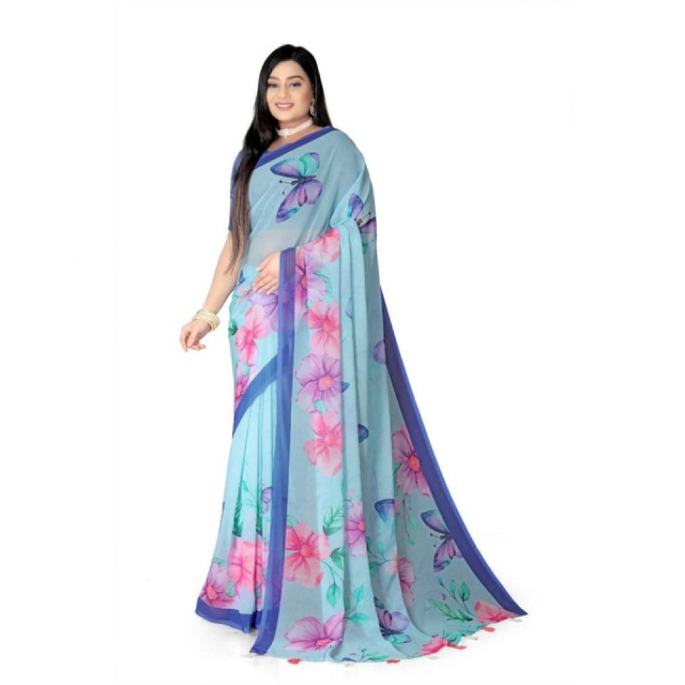 Women's Georgette Floral Printed Saree With Unstitched Blouse 5.5Mtr (Blue) - VANSHELLE