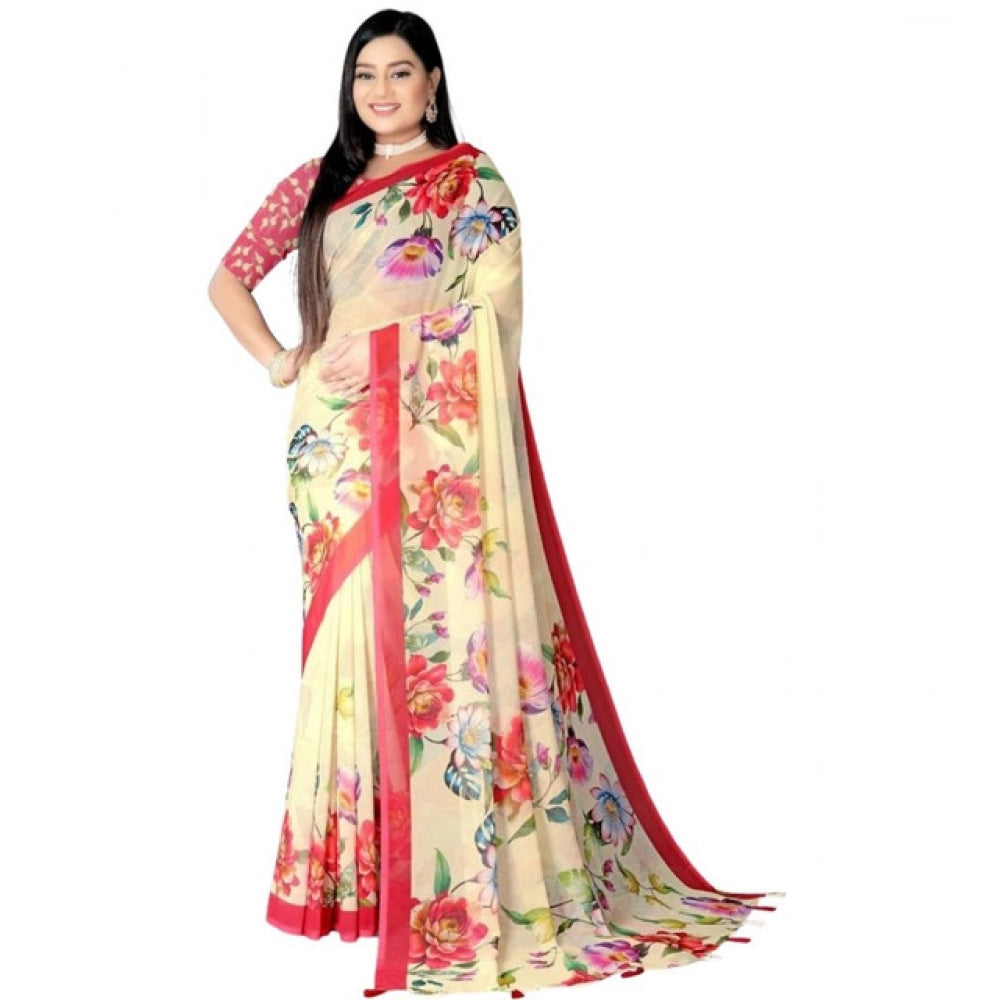 Women's Georgette Floral Printed Saree With Unstitched Blouse 5.5Mtr (Yellow) - VANSHELLE