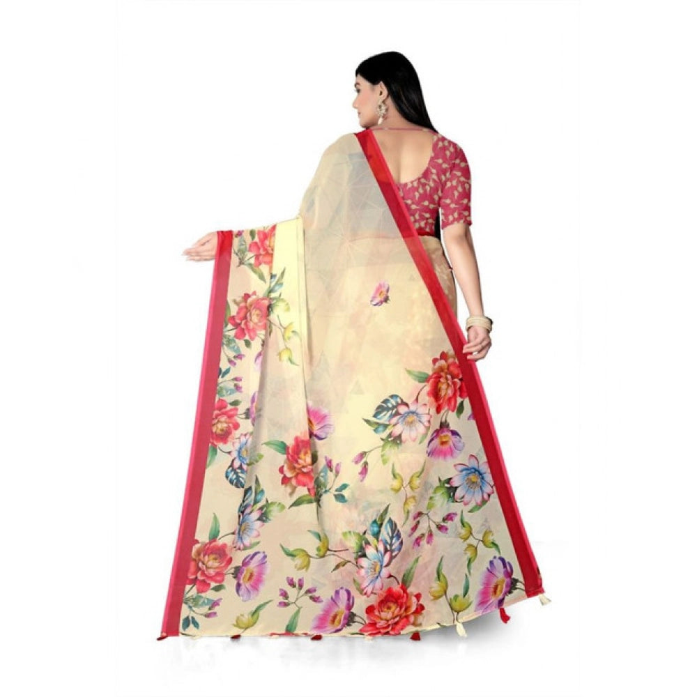 Women's Georgette Floral Printed Saree With Unstitched Blouse 5.5Mtr (Yellow) - VANSHELLE