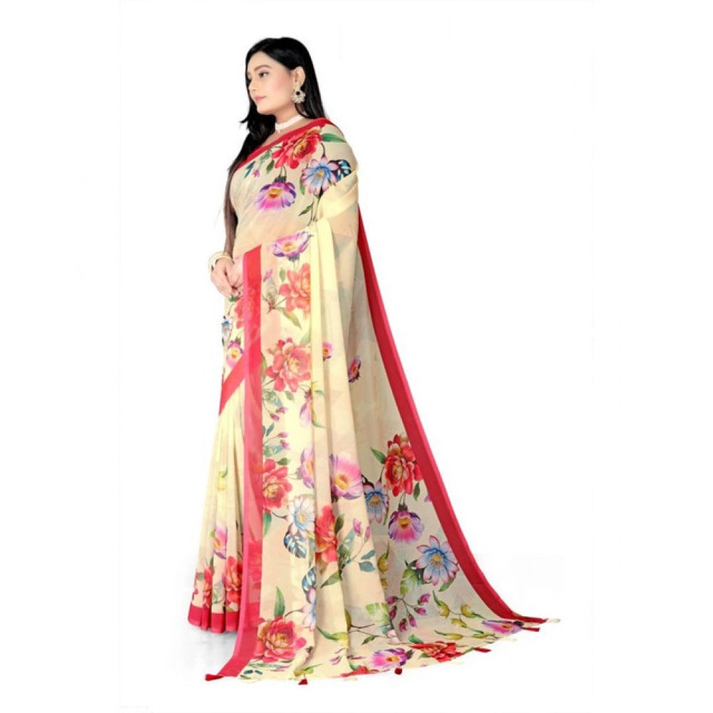 Women's Georgette Floral Printed Saree With Unstitched Blouse 5.5Mtr (Yellow) - VANSHELLE