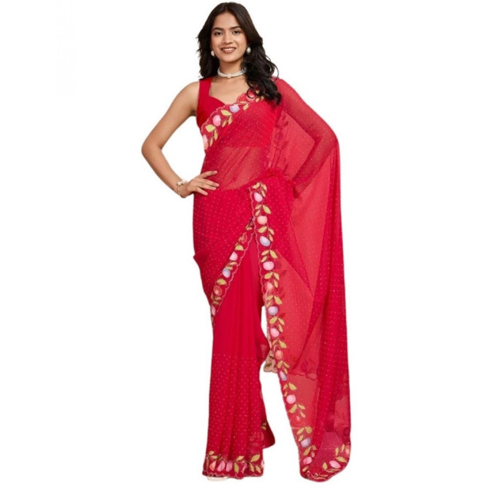 Women's Georgette Printed Saree With Unstitched Blouse 5.5Mtr (Red) - VANSHELLE