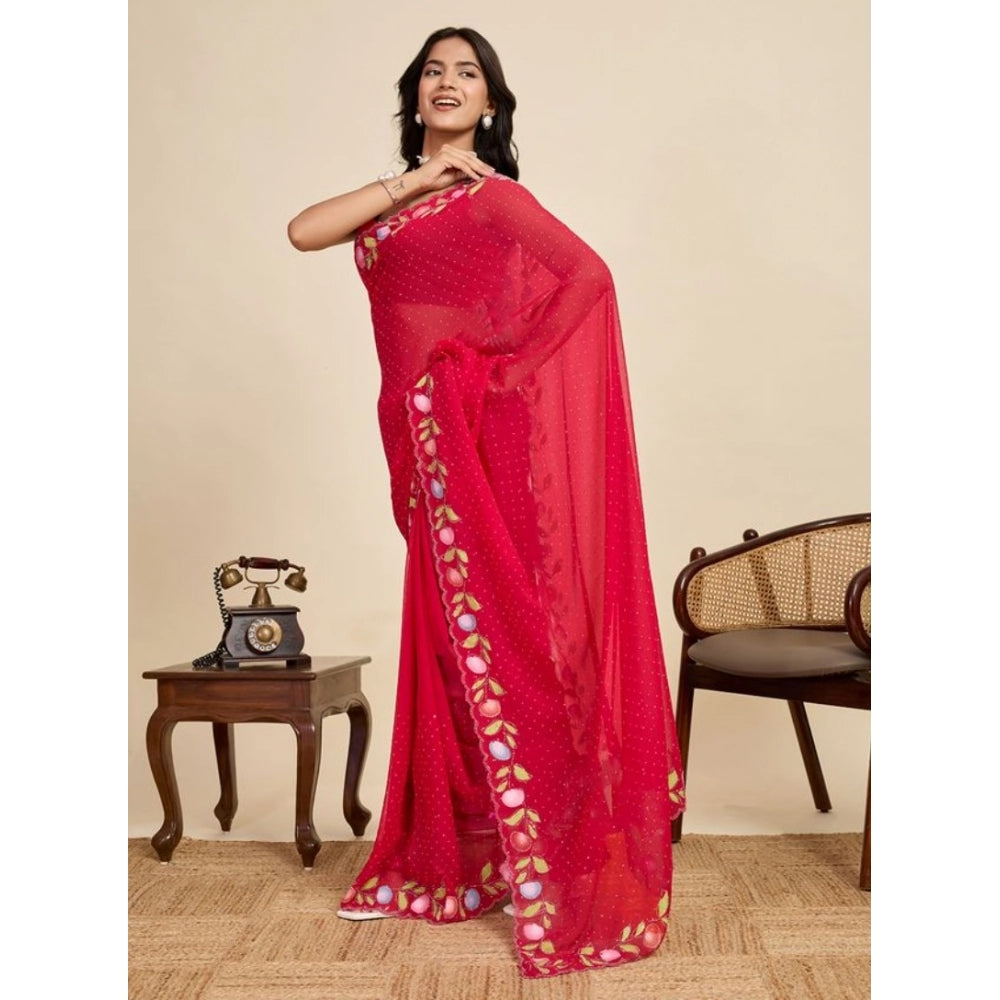 Women's Georgette Printed Saree With Unstitched Blouse 5.5Mtr (Red) - VANSHELLE