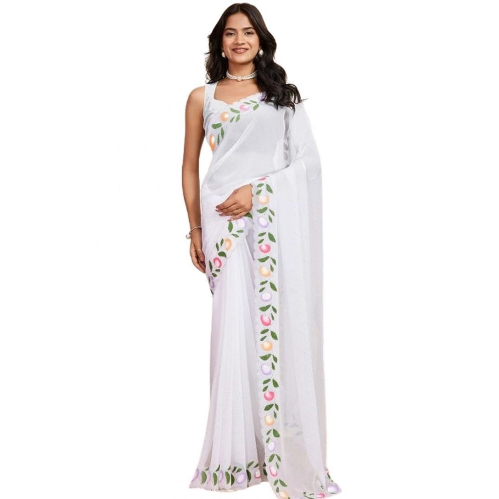 Women's Georgette Printed Saree With Unstitched Blouse 5.5Mtr (White) - VANSHELLE