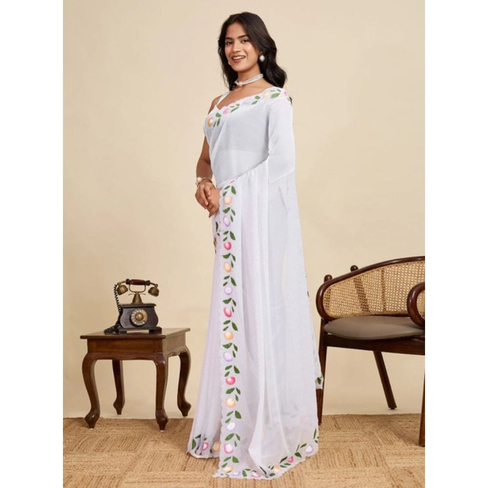 Women's Georgette Printed Saree With Unstitched Blouse 5.5Mtr (White) - VANSHELLE