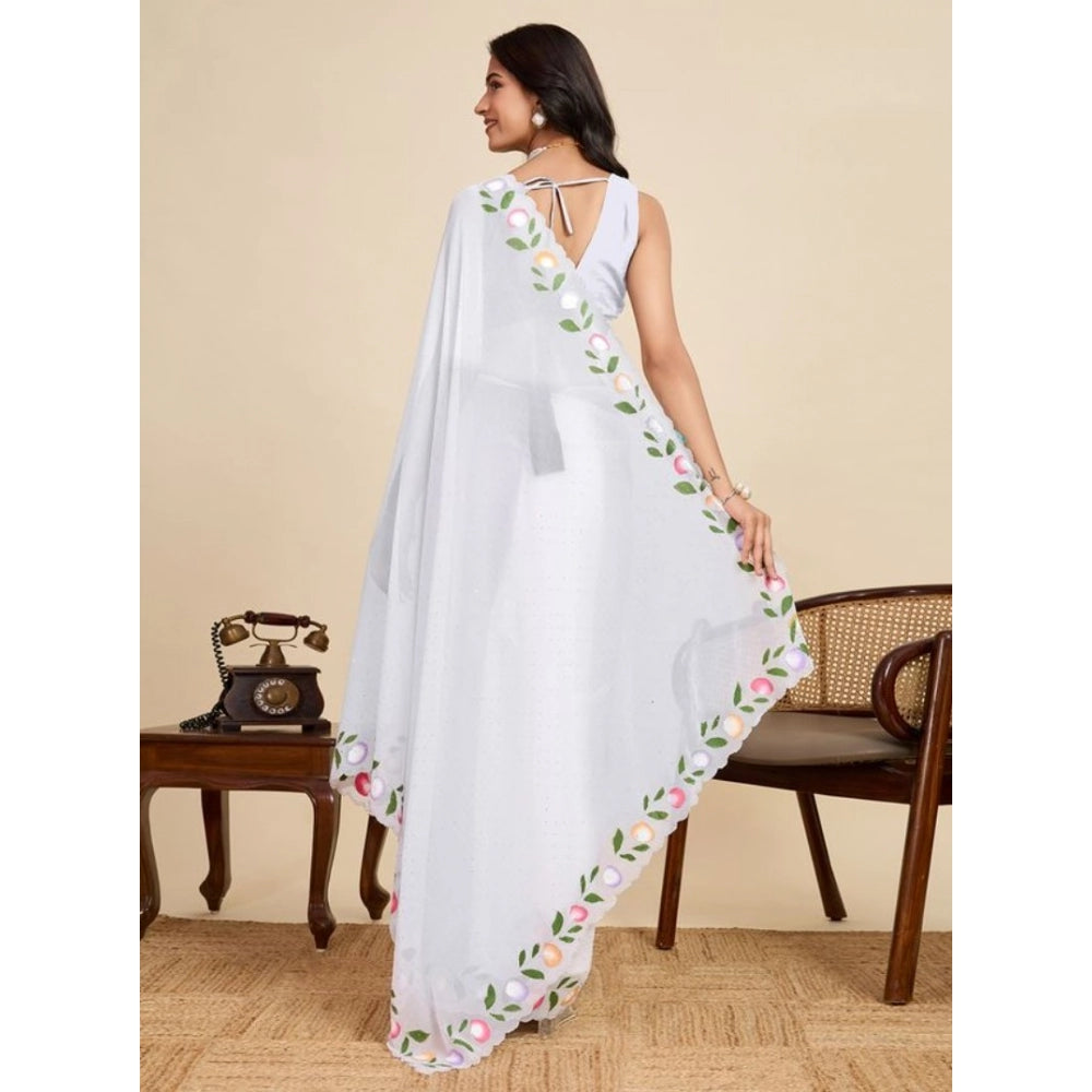 Women's Georgette Printed Saree With Unstitched Blouse 5.5Mtr (White) - VANSHELLE