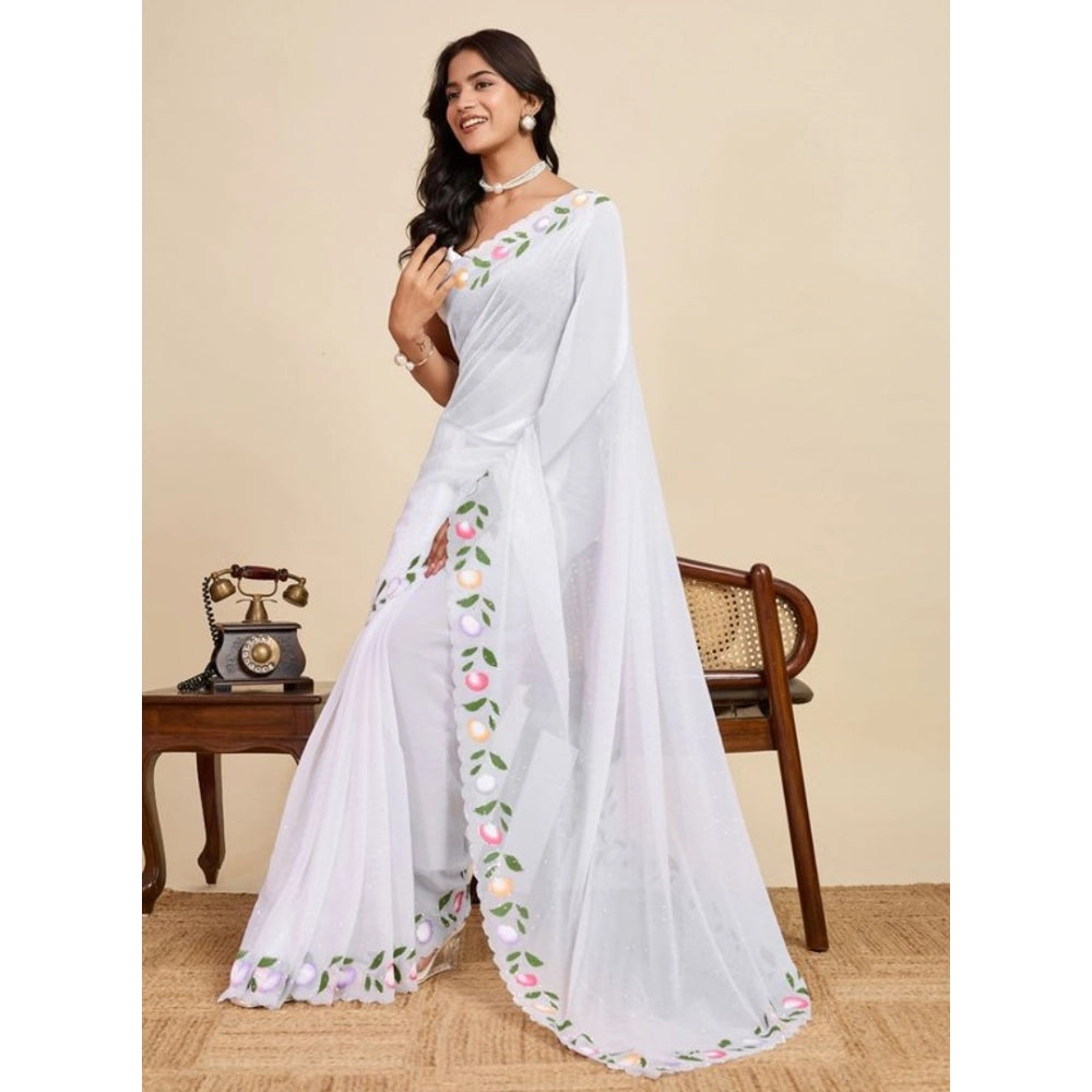 Women's Georgette Printed Saree With Unstitched Blouse 5.5Mtr (White) - VANSHELLE