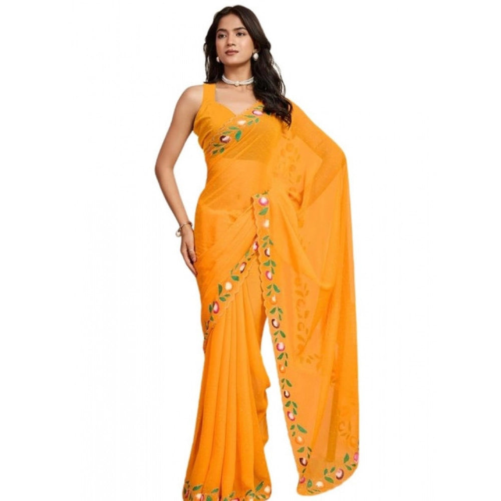 Women's Georgette Printed Saree With Unstitched Blouse 5.5Mtr (Yellow) - VANSHELLE
