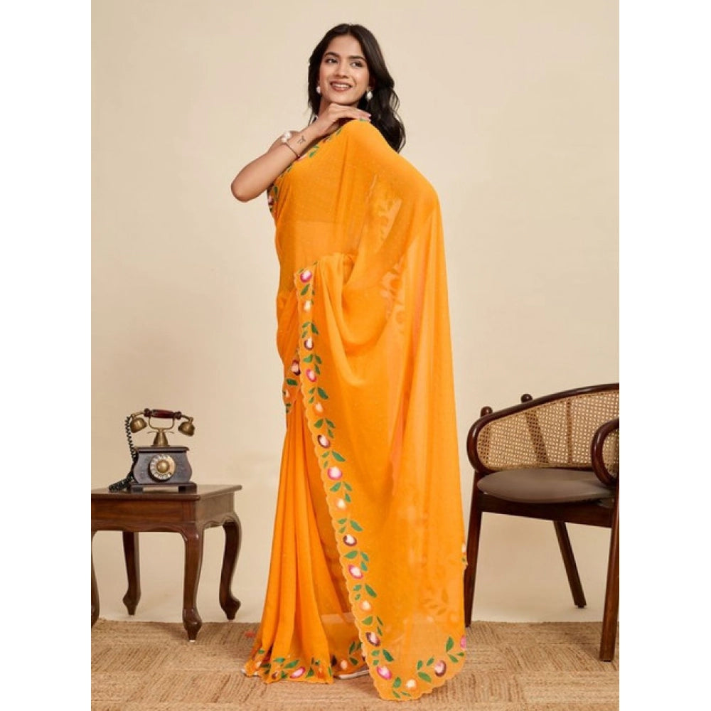 Women's Georgette Printed Saree With Unstitched Blouse 5.5Mtr (Yellow) - VANSHELLE