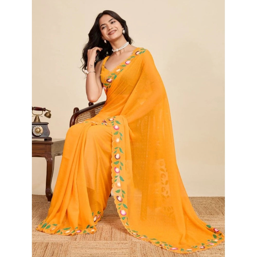 Women's Georgette Printed Saree With Unstitched Blouse 5.5Mtr (Yellow) - VANSHELLE