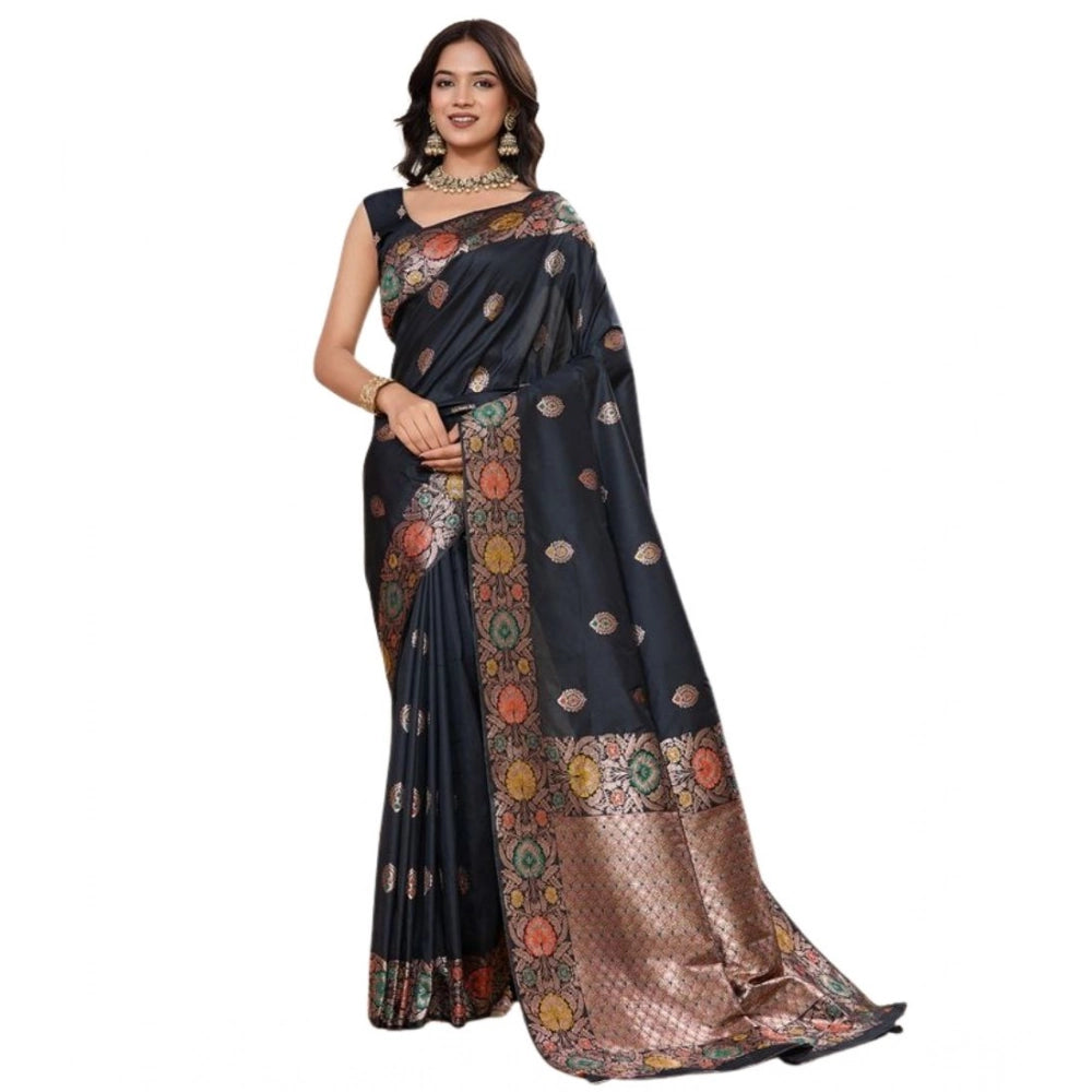 Women's Faux_Banarasi_Silk Woven Saree With Unstitched Blouse 5.5Mtr (Black) - VANSHELLE