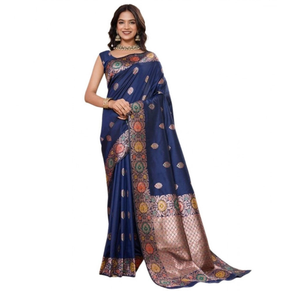 Women's Faux_Banarasi_Silk Woven Saree With Unstitched Blouse 5.5Mtr (Navy_Blue) - VANSHELLE