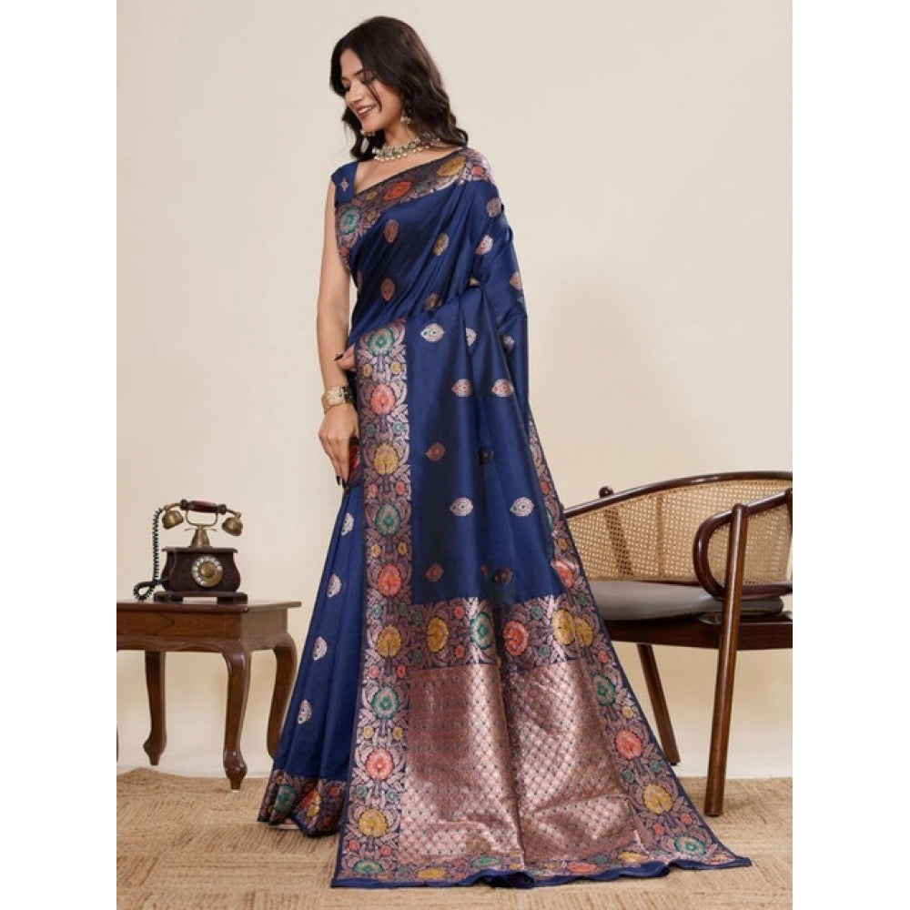 Women's Faux_Banarasi_Silk Woven Saree With Unstitched Blouse 5.5Mtr (Navy_Blue) - VANSHELLE